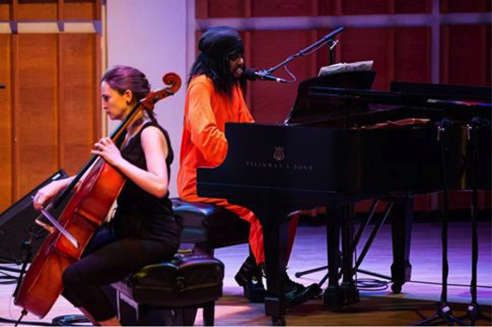 M. Lamar at Merkin Concert Hall with Mariel Roberts on cello (photo by David Andrako)