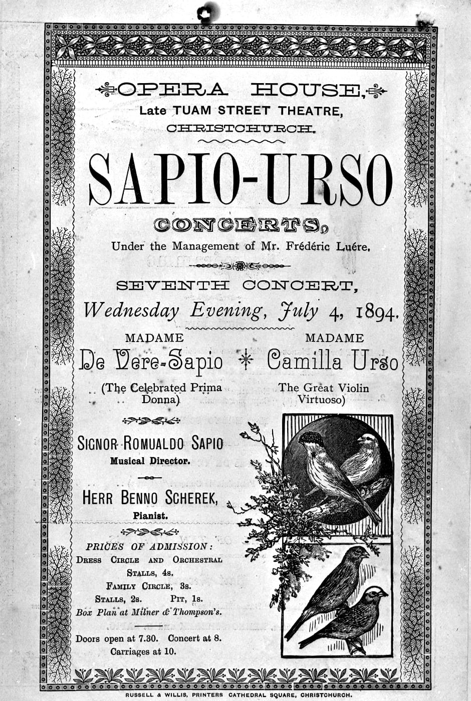 Advertisement for a July 4, 1874 concert featuring Camilla Urso, with her husband Frédéric Luére listed as manager, at the Opera House in Christchurch, New Zealand (via National Library of New Zealand/Flickr)