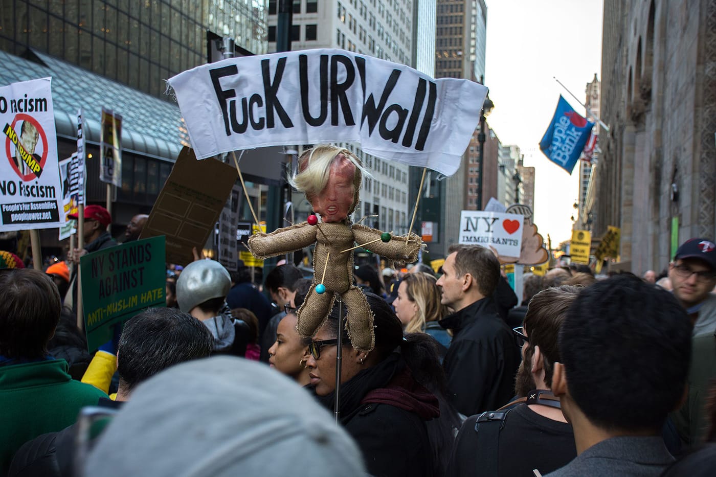 Protesters against Trump rallying in New York City on April 14, 2016 (photo by mal3k/Flickr)