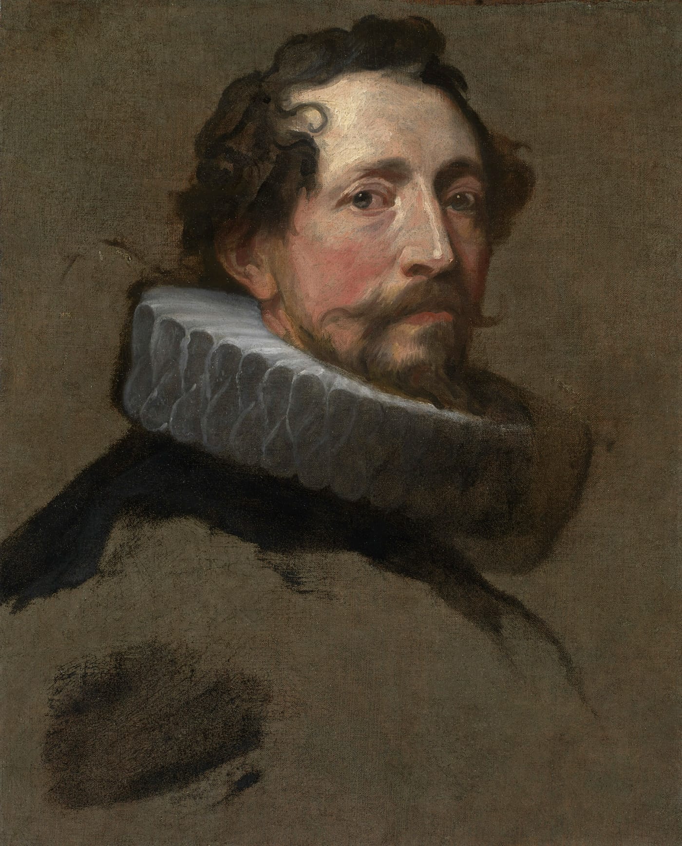 Anthony van Dyck, "Portrait Study of a Man, Facing Right" (c. 1634), oil on canvas, with paper extensions along the four sides, Private collection (click to enlarge)