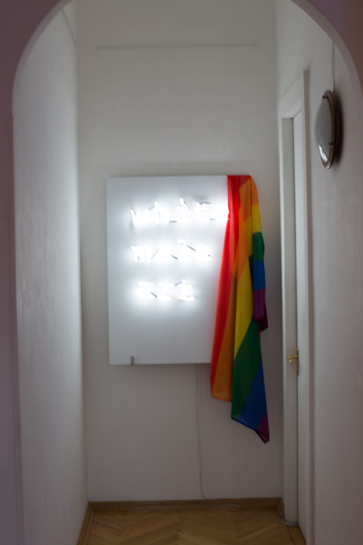 Alexander Obrazumov, "White Male Art" (2016), neon, flag (courtesy of Simon Mraz and Andrey Parshikov) (click to enlarge)