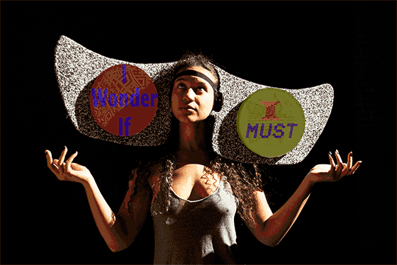 Julie Robinson, aka Alice #4, as viewed through the Alices App; photo: Sophie Kahn; animated text: Claudia Hart written by Lewis Carroll and manipulated by Spinabook software by Alon Zouartez