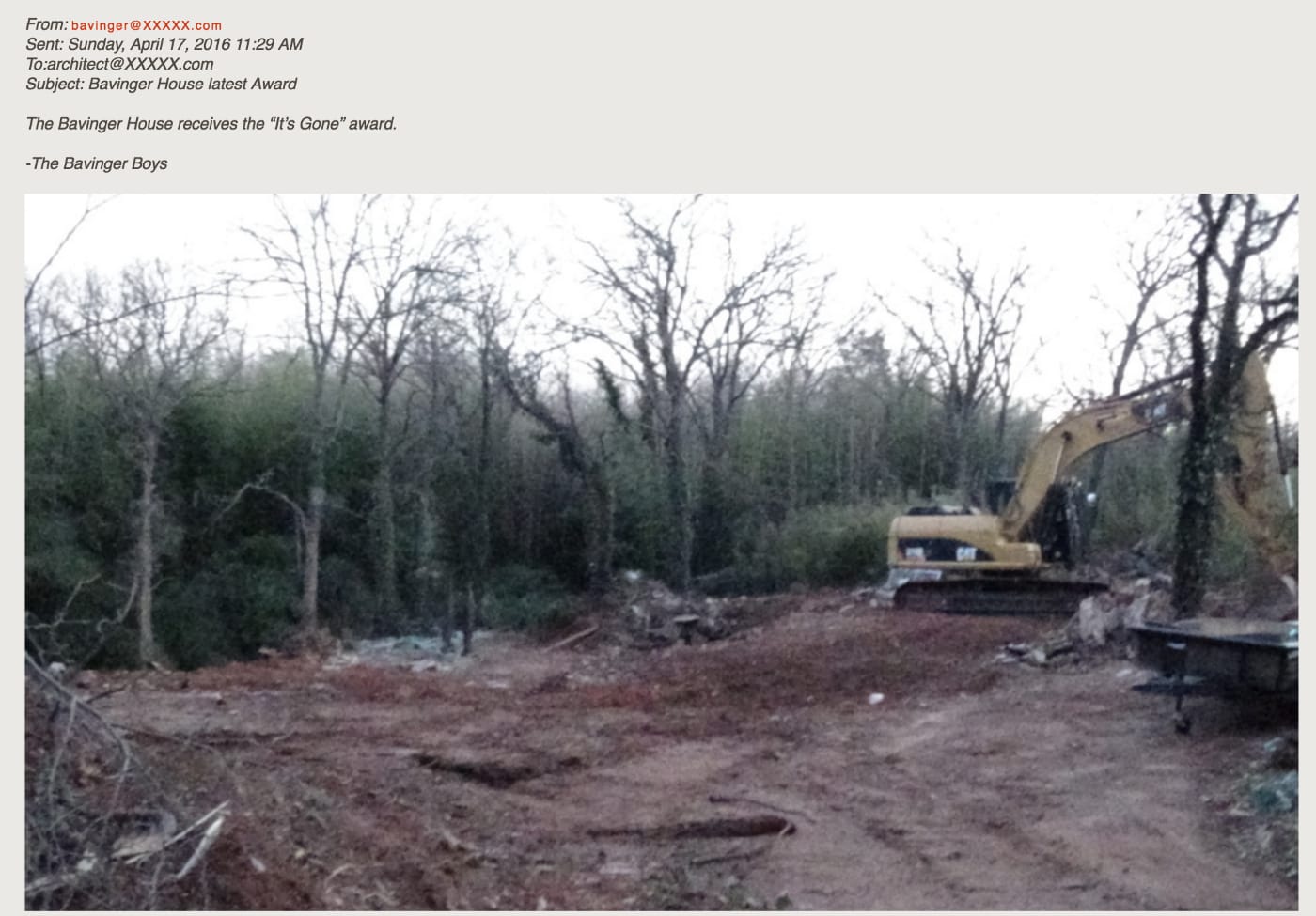 The email showing the demolishment of the Bavinger House, shared on the Save Wright forum (screenshot by the author for Hyperallergic)