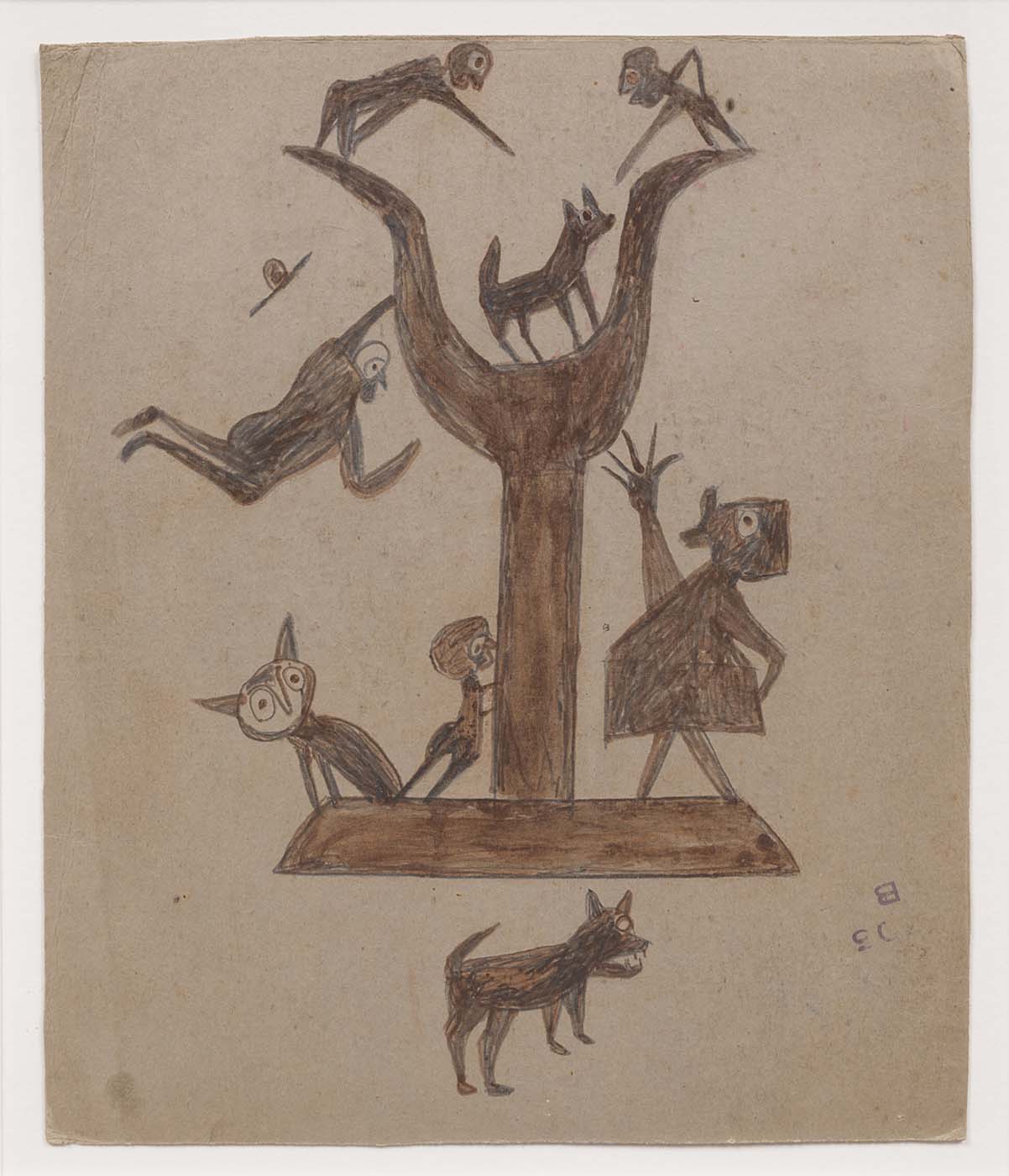Bill Traylor, "Untitled (Construction with Yawping Woman)" (1939-42), opaque watercolor and pencil on cardboard, 13 1/4 × 11 inches (courtesy Smithsonian American Art Museum)