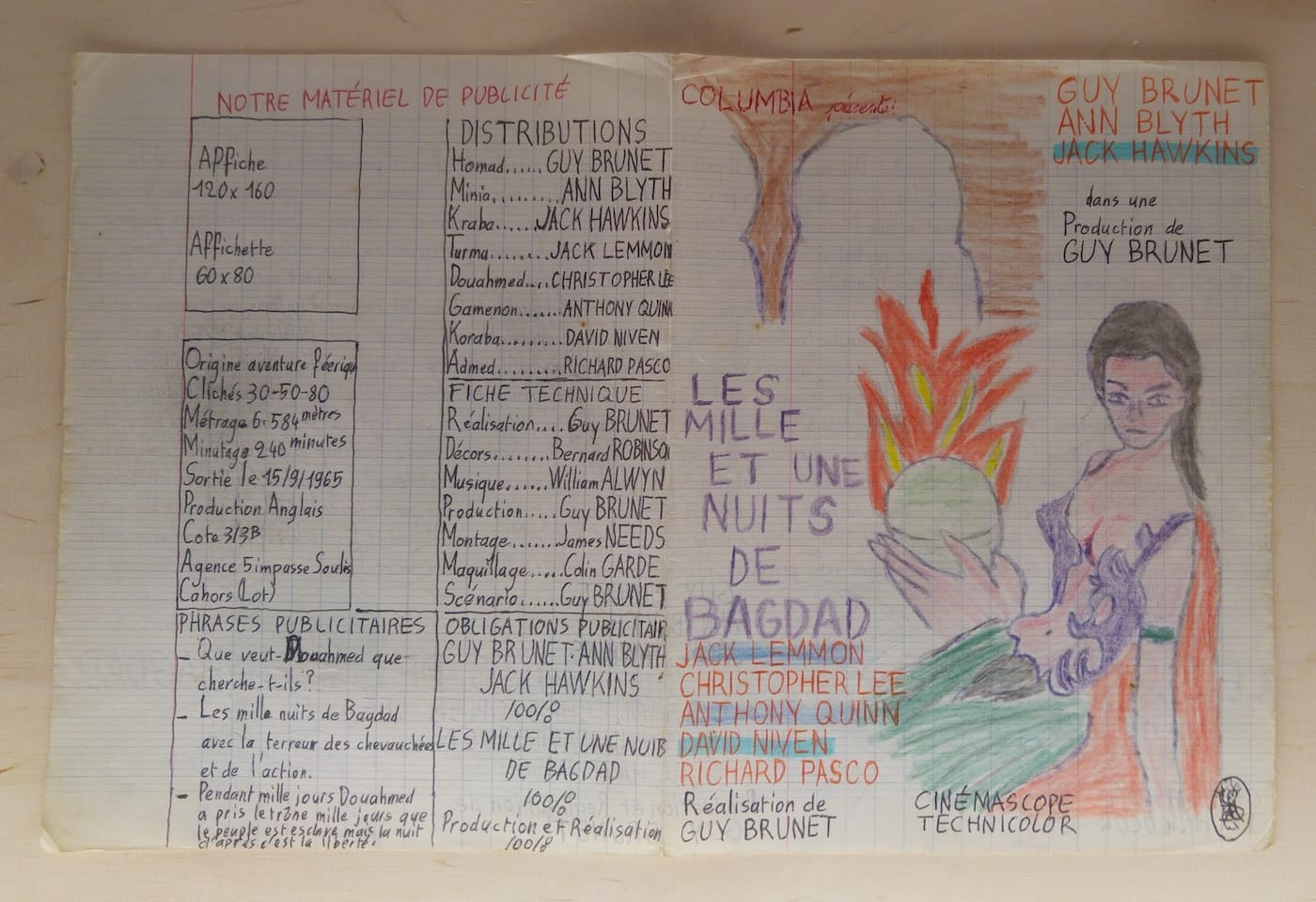 One of Guy Brunet's hand-drawn film posters, created in a school notebook