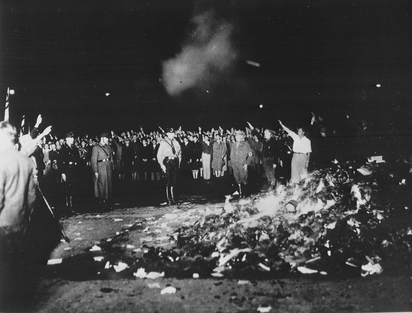 Berlin book burnings in Opernplatz. (photo courtesy German Federal Archive, via Wikipedia)