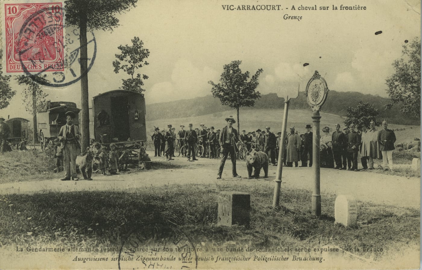 "At the Franco-German border, at Vic-Arracourt in Meurthe-et-Moselle, le German police refuses to allow a group of Roma Serbs kicked out of France into Germany" (early 20th century) (Musée National de l'Histoire de l'Immigration, Palais de la Porte Dorée)