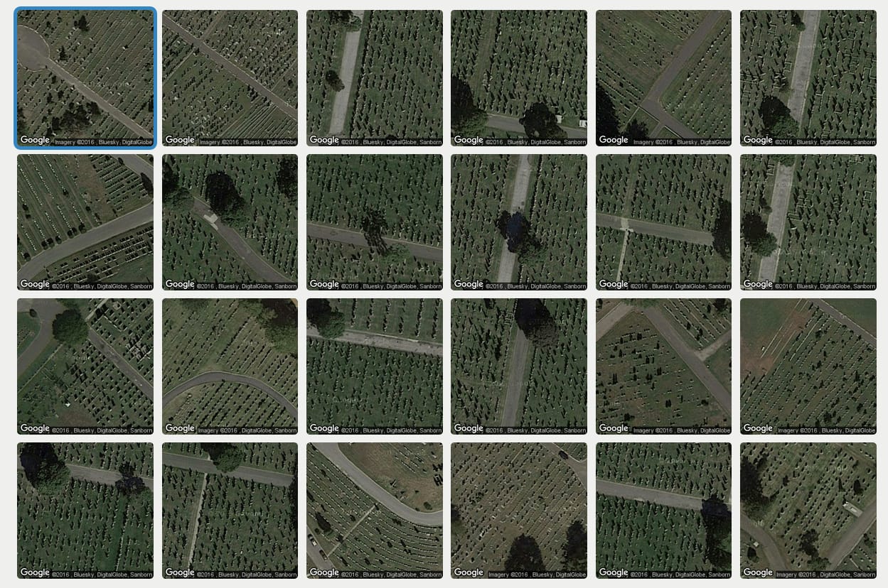 Areas of cemeteries divided by roads in New York City