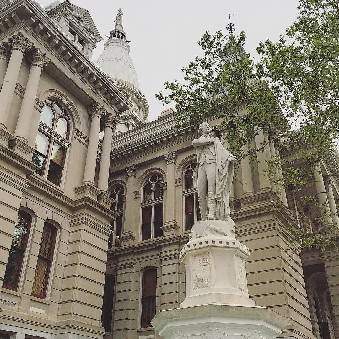 The statue of the Marquis de Lafayette in Lafayette, Indiana, which was recently relieved of its sword. (photo by @jraderstorf/Instagram)