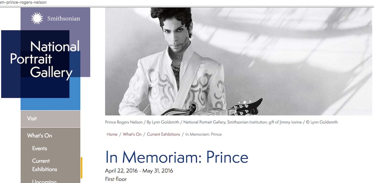 Lynn Goldsmith's photo of Prince on the National Portrait Gallery's website (screenshot by the author)