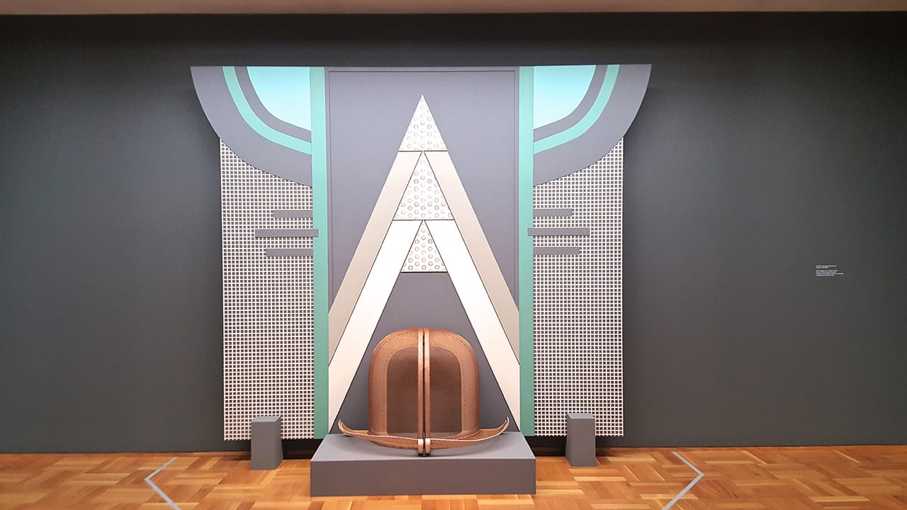 Diane Simpson, "Window Dressing: Background 2, Bowler" (1994/2007), foam board, wood, steel, enamel, fabric, medium density fiberboard, and rayon, silk cord (click to enlarge)