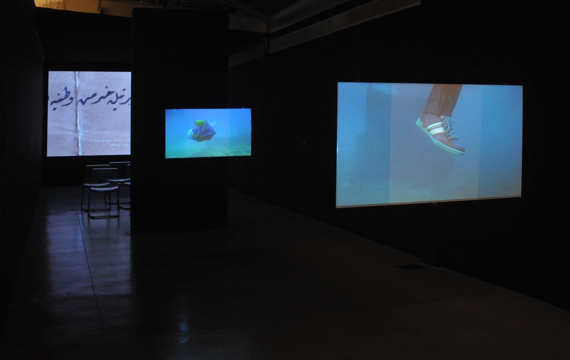 'Two Suns in a Sunset,' installation view, with "Waiting for the Barbarians," "Remember the Light," and "ISMYRNA"