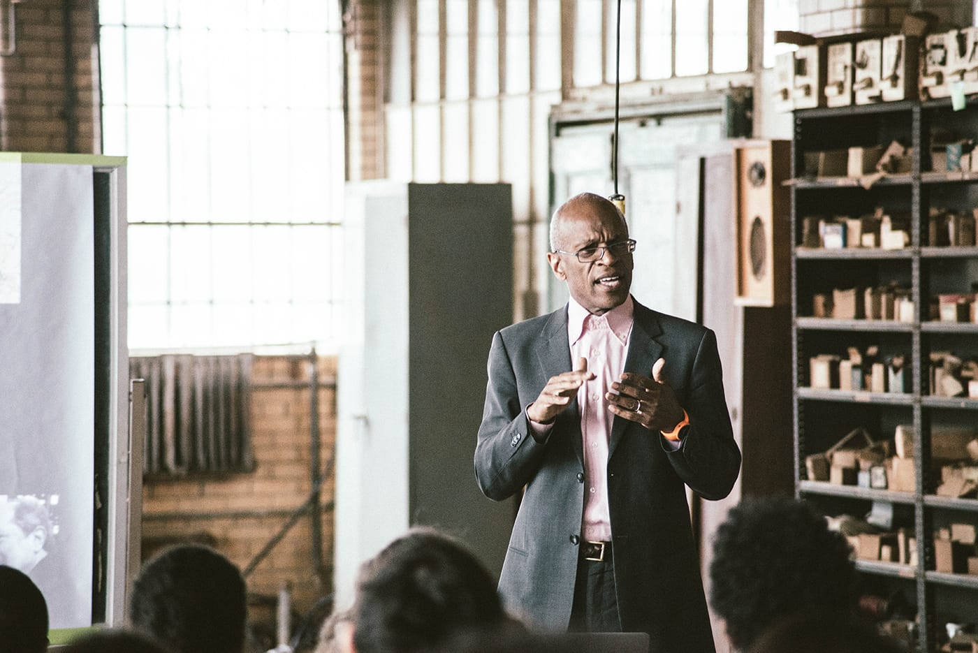 Maurice Cox, Detroit's urban planner, presents new developments to ICD fellows at Herman Kiefer (photo by Justin Millhouse)