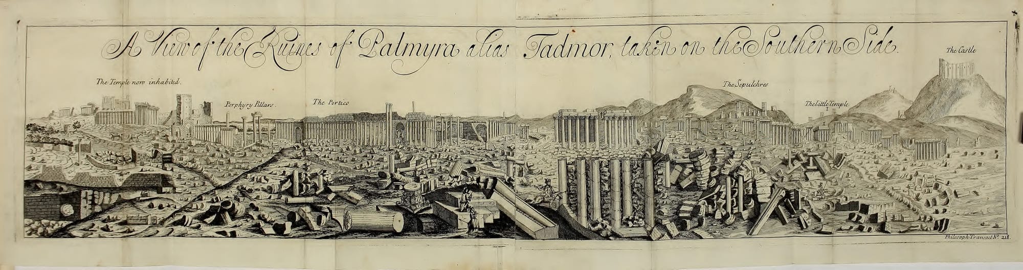 The first image of Palmyra, from 1691 (published in Philosophical Transactions of the Royal Society of London 19, 1695) (click to enlarge)