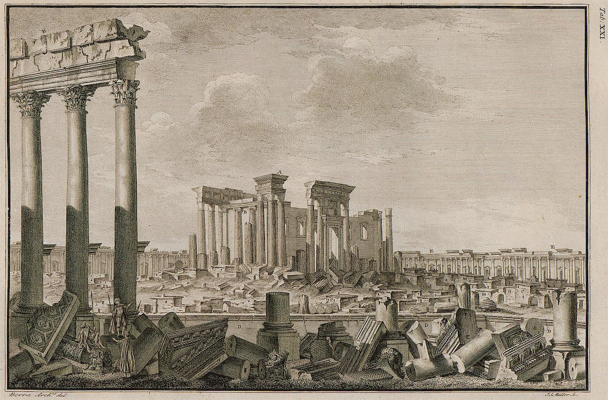 a) Borra’s drawing of the Temple of Bel. Borra shrank the houses so that the ruins would stand further out – figuratively climbing on top of the roofs of the houses for a better view (Wood, Ruins of Palmyra, plate 21). b) The modern village in the Temple of Bel enclosure, c. 1900-1920 (photograph courtesy of Matson Photograph Collection, via Library of Congress)