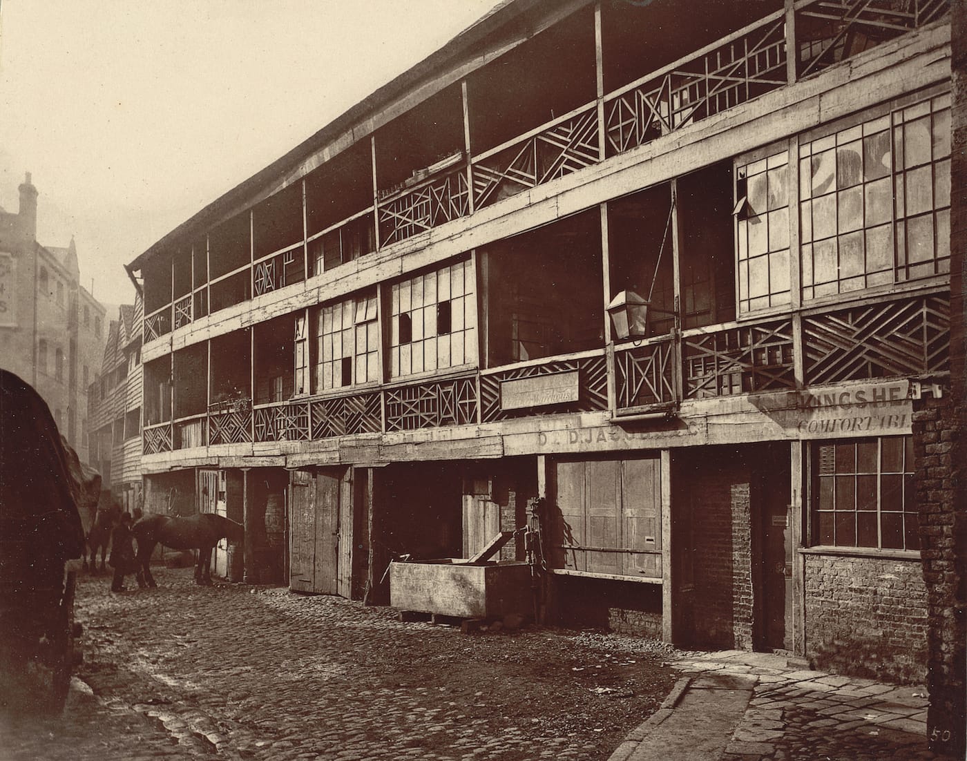 Henry and Thomas James Dixon, no. 50, "King’s Head Inn Yard, Southwark" (1881), carbon print mounted on card, from 'Relics of Old London' (Society for Photographing Relics of Old London, 1875–1886, courtesy Yale Center for British Art, Paul Mellon Collection)