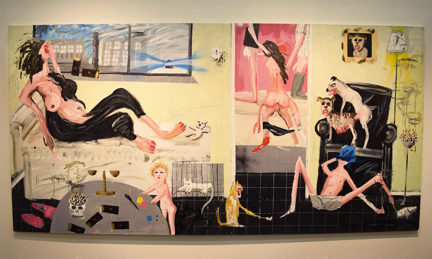 In the Edel Assanti booth, Dale Lewis's "Deep Fat Fryer" (2015), oil, acrylic, and spray paint on canvas, 78 3/4 x 157 1/2 in