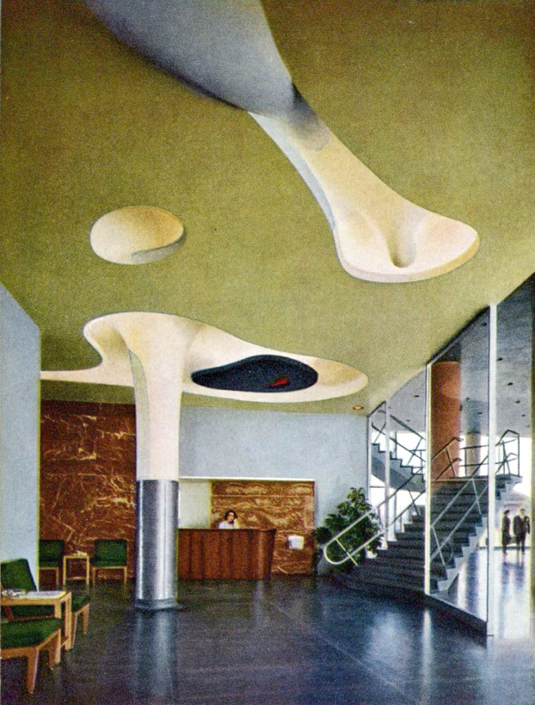 Isamu Noguchi with architecture by Harris Armstrong, ceiling for American Stove Company, photographed for 'The Architectural Forum: Magazine of Building' (October 1948;) (courtesy Harris Armstrong Collection, University Archives, Department of Special Collections, Washington University Libraries)