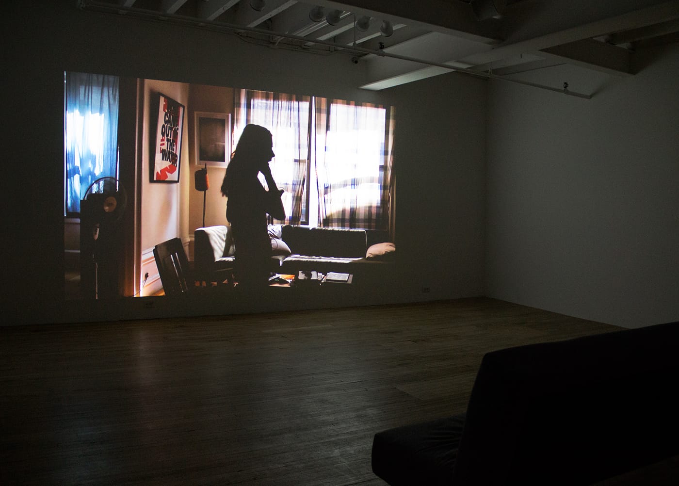 Installation view, 'Moyra Davey: 7 Albums' at Murray Guy, showing "Notes on Blue" (2015), HD video with sound, 28 minutes
