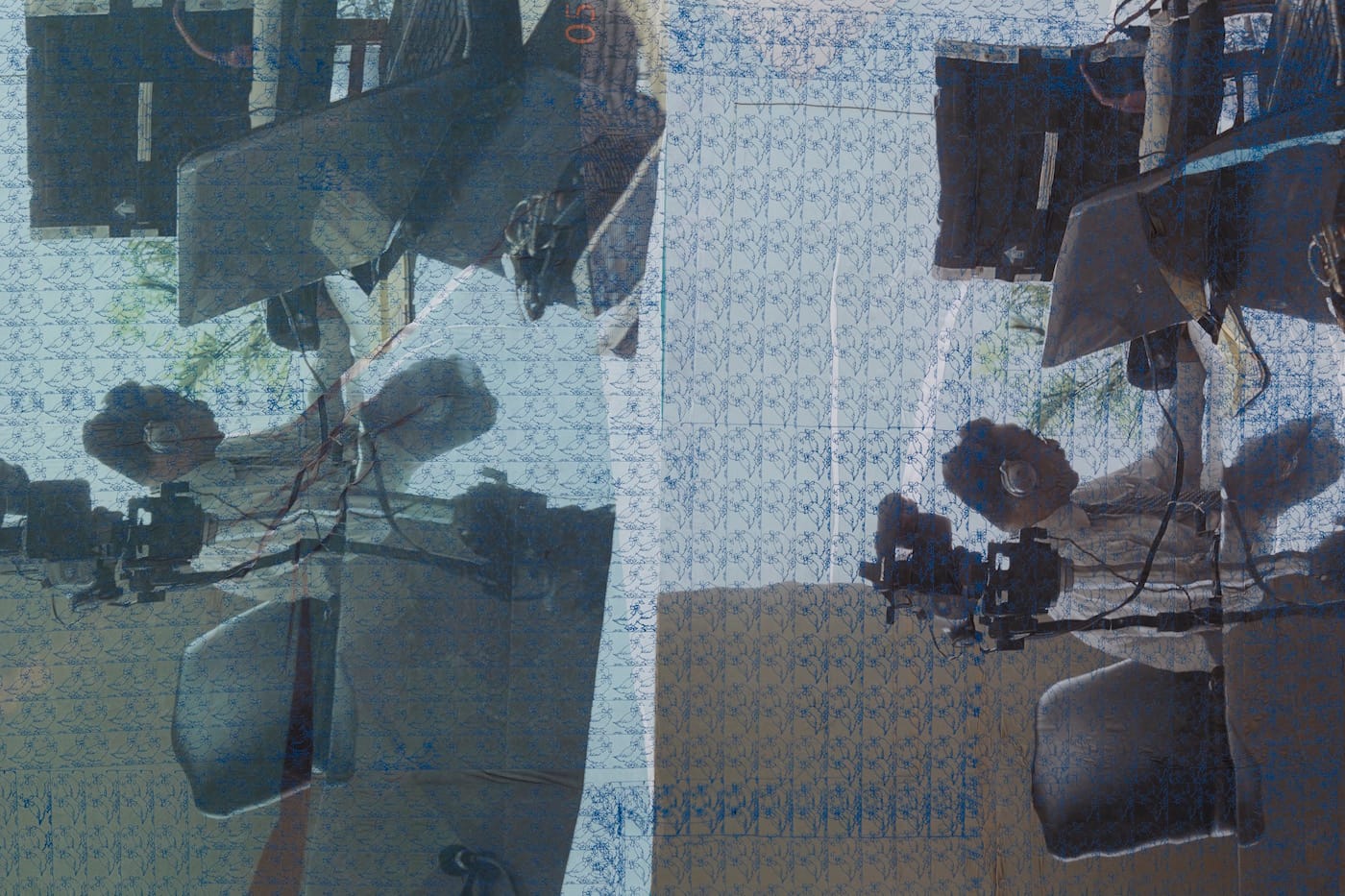 Brendan Fowler, "Recording Deposition for Furniture Factory Studio Fire Lawsuit with Ducks Motif" (2015), polyester, rayon (industrial embroidery), inkjet print on polyester, acrylic on canvas with aluminum stretchers, 60 x 80 in (courtesy of the artist and Richard Telles, Los Angeles)