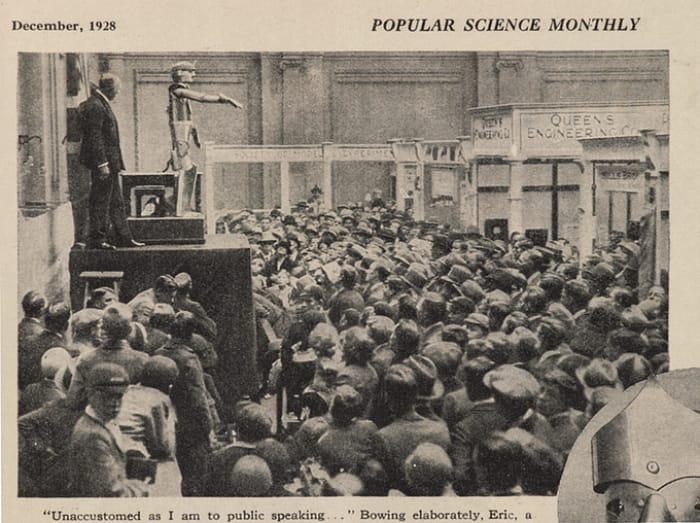 Eric the robot opening the 'Model Engineering Exhibition' in London, pictured in Popular Science Monthly (1928) (courtesy Science Museum)