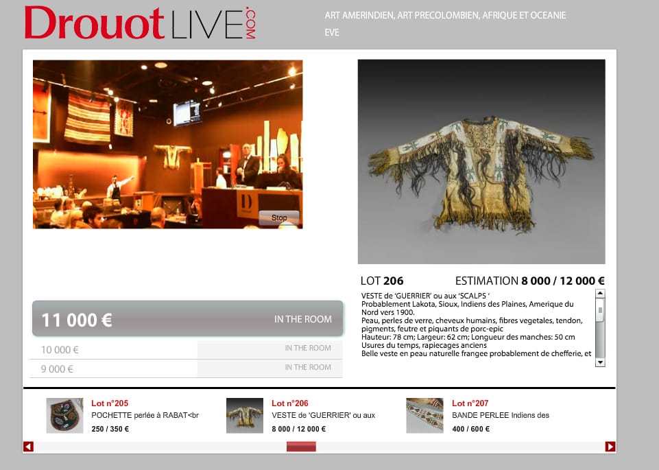 The "scalps" jacket being sold by EVE auction house (screenshot by the author for Hyperallergic, via Drouot Live)