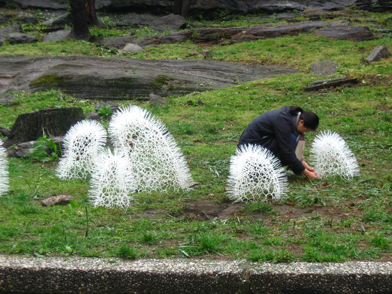On opening day, Sui Park bends down to make slight adjustments to "Sprout" 2016