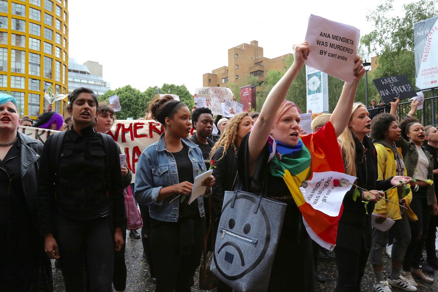 Chanting slogans on the Turbine Hall ramp outside the artist’s preview