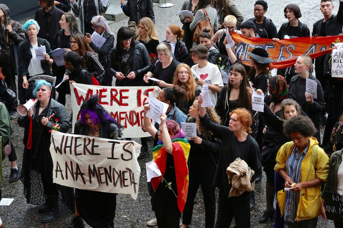 Chanting slogans on the Turbine Hall ramp outside the artist’s preview