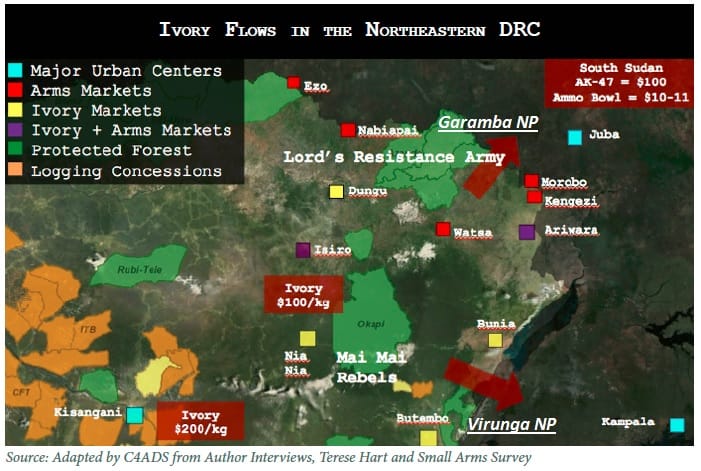 Map of the ivory trade in the northeastern Congo. From "Ivory's Curse: The Militarization and Professionalization of Poaching in Africa," p. 34.