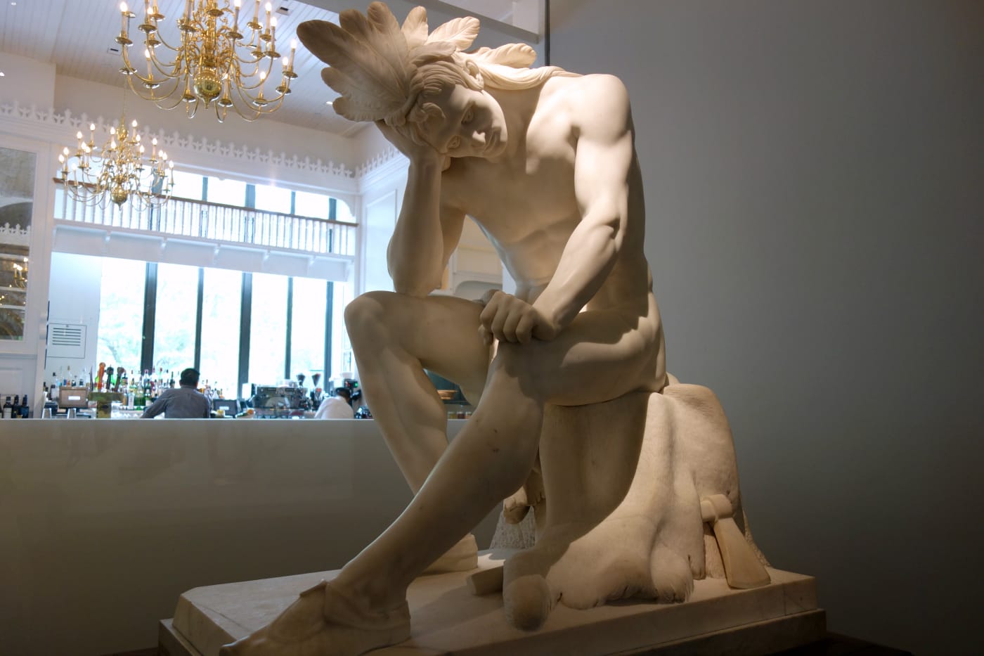 Thomas Crawford, "The Indian: The Dying Chief Contemplating the Progress of Civilization" (1856), white marble and wood