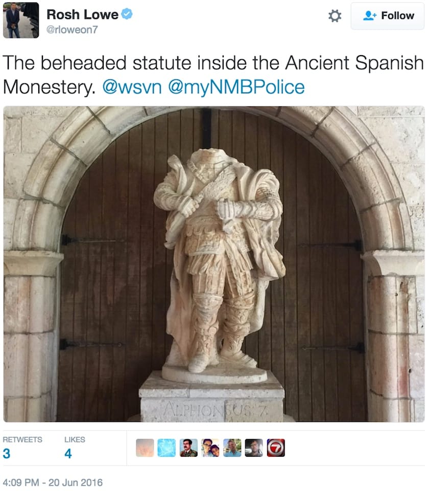 The beheaded statue at Miami Beach's Ancient Spanish Monastery (screenshot by the author via Twitter)