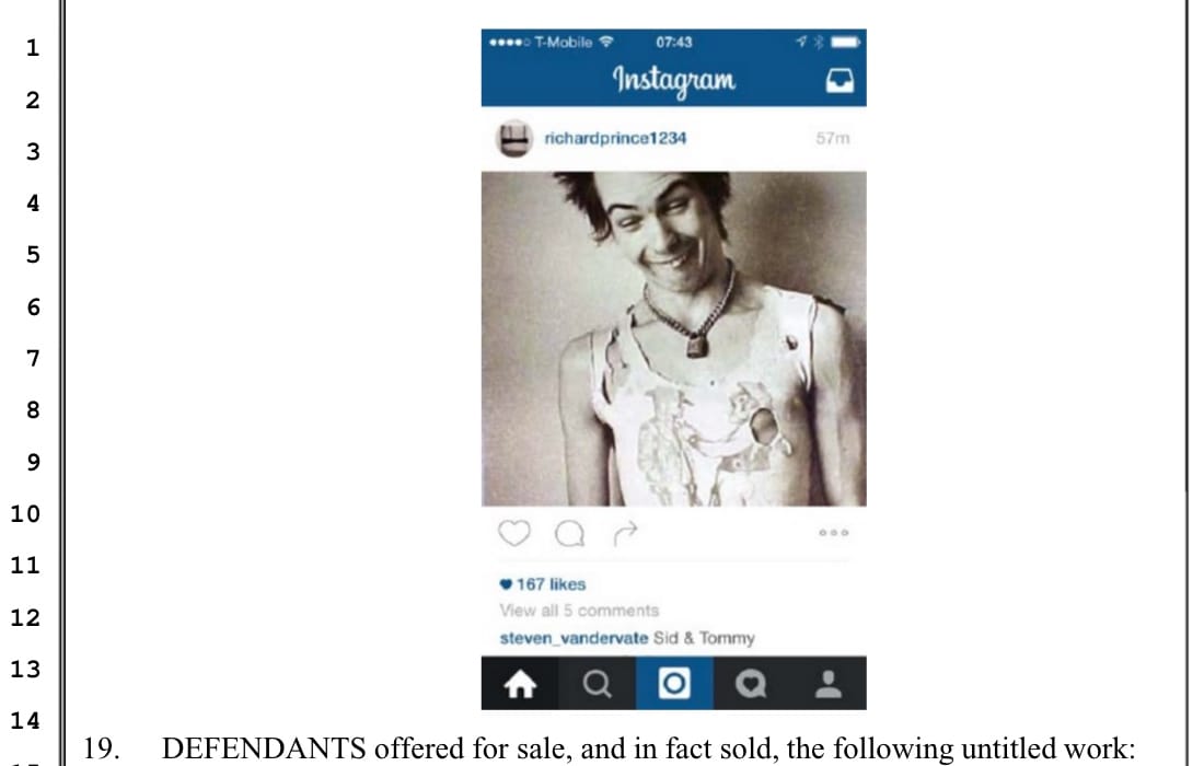 A since-deleted post on Richard Prince's Instagram page featuring one of Dennis Morris's photos of Sid Vicious (screenshot by the author via Scribd)