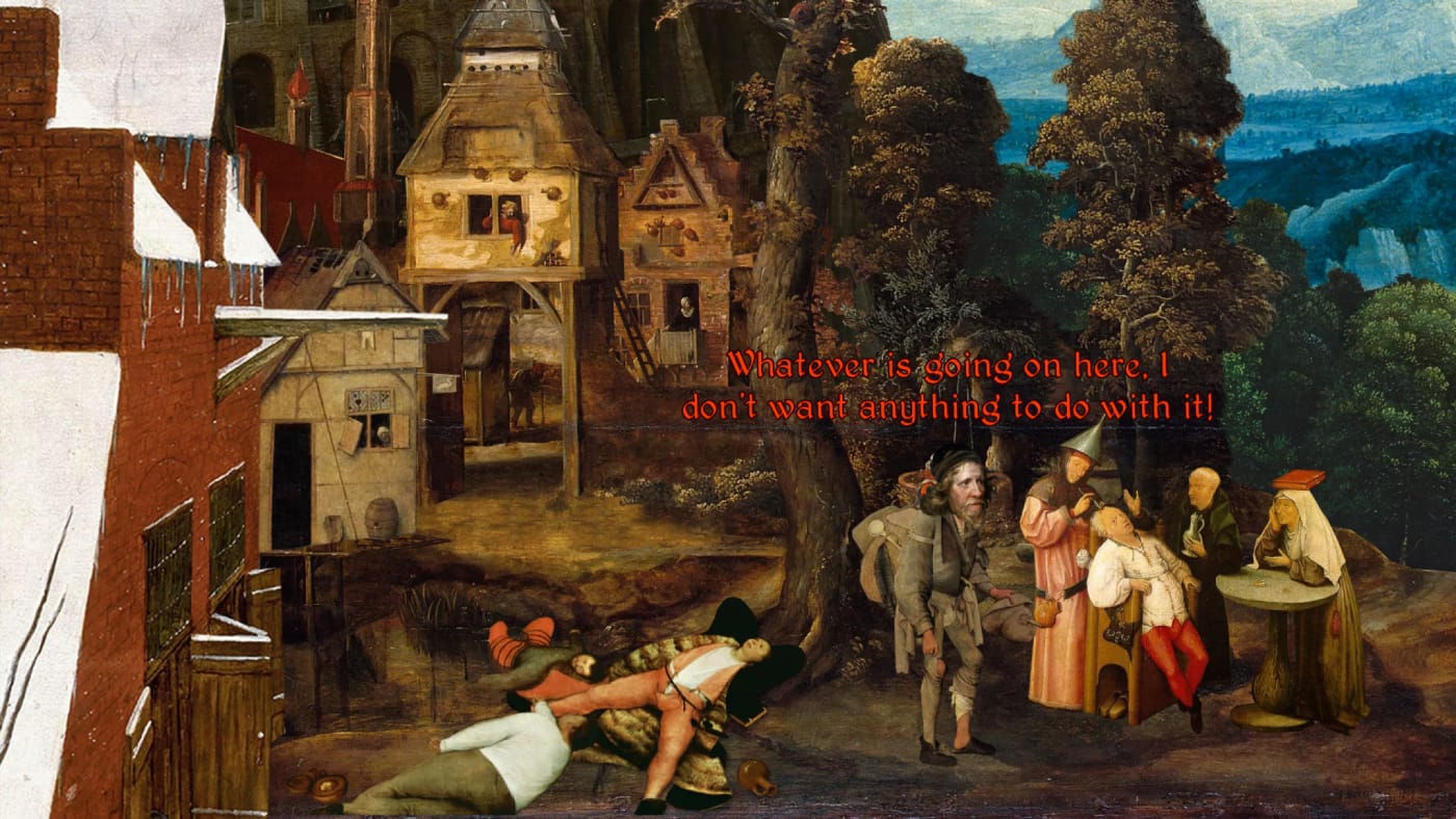 Scene from "Four Last Things" (screenshot by the author for Hyperallergic)