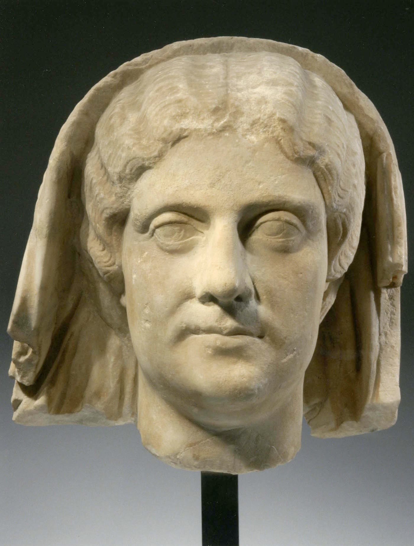 Head of a veiled woman, (CE 175), Roman, marble, 13 inches (courtesy the J. Paul Getty Museum)