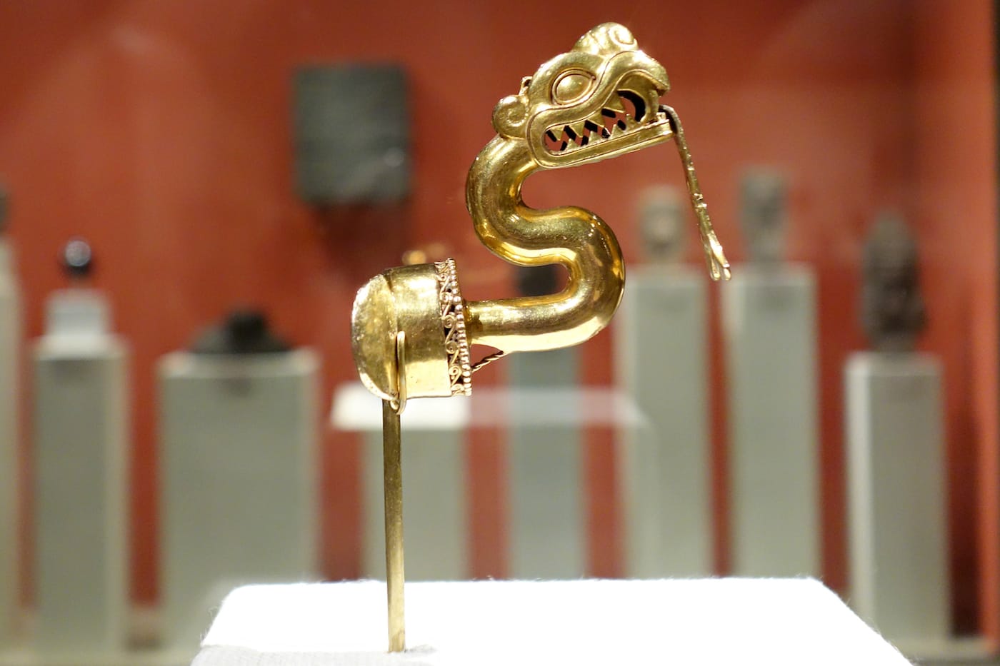Labret, Serpent with Articulated Tongue (Aztec, 13th-early 16th century), gold