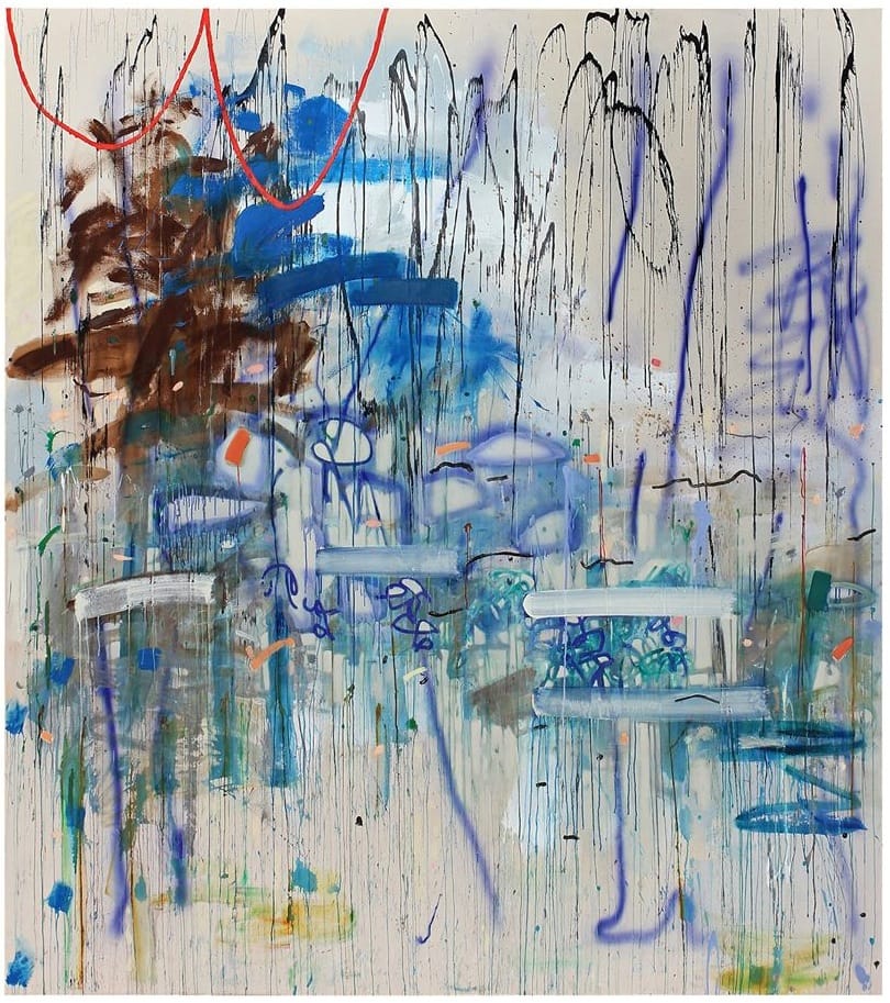 Kimberly Rowe, "Be in the Ecstatic Present (Where All the Mystical Stuff is)" (2016), oil, acrylic, acrylic ink, and flashe on canvas, 125 x 111 inches (via kimberlyrowe.net)