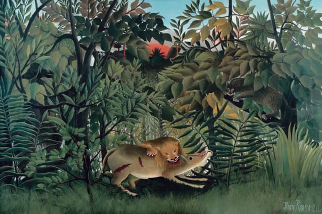 Henri Rousseau, “The Hungry Lion Attacking an Antelope” (1898/1905), oil on canvas (photo by Robert Bayer, Basel)