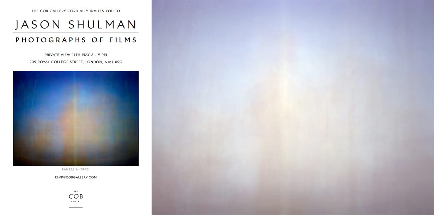 At left, the flier for Jason Shulman's exhibition at Cob Gallery with a summed image of 'Fantasia' (screenshot by the author); at right, Kevin L. Ferguson's summed frames of 'Fantasia,' directed by James Algar et al. (1940) (courtesy the author) (click to enlarge)