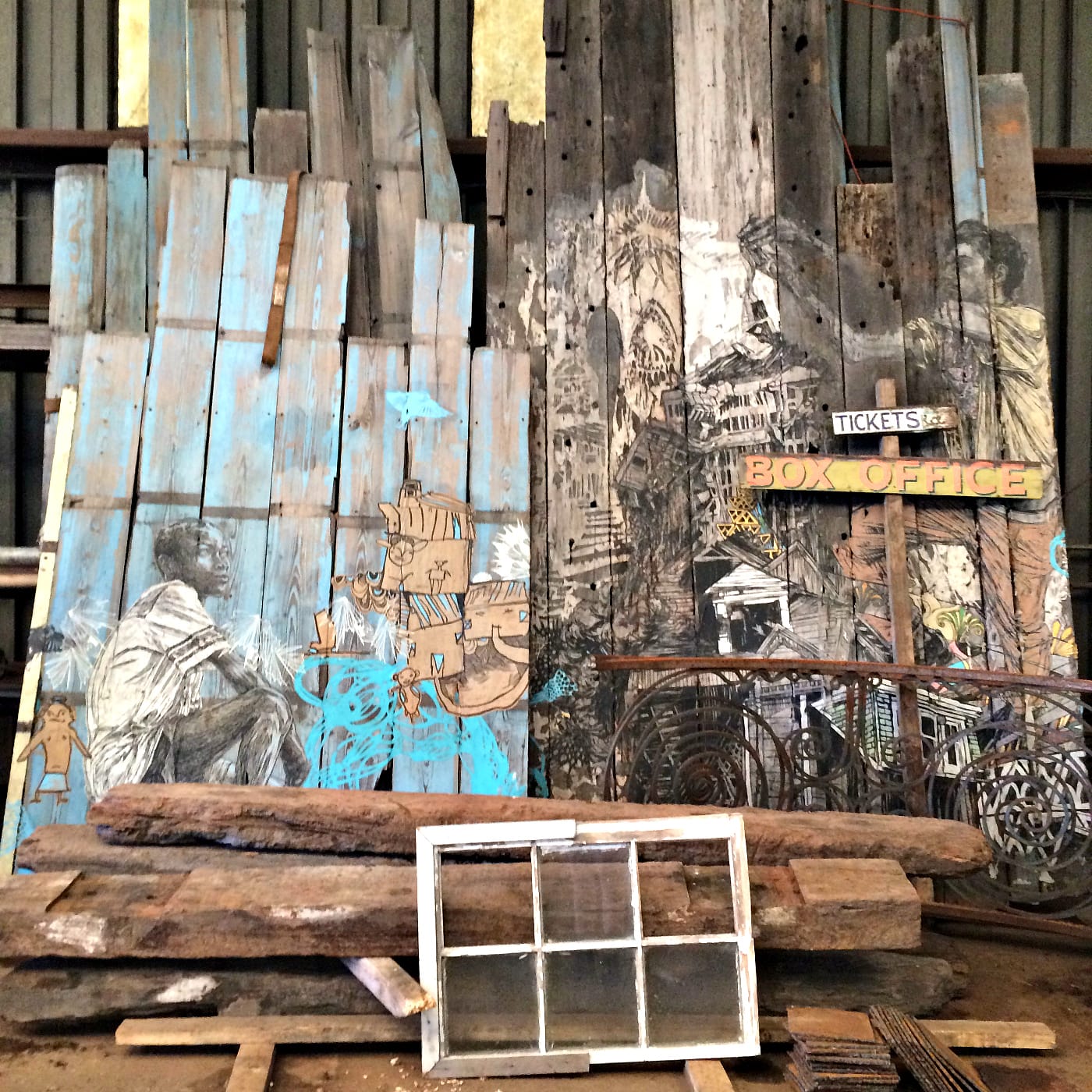 Fence by Swoon awaiting installation at the new permanent home of the Music Box by New Orleans Airlift (all photos by the author for Hyperallergic unless noted)