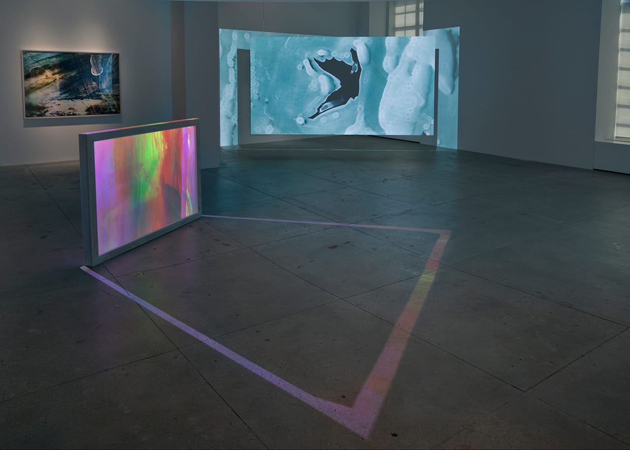 "Poelzig / The Intricate Alps" (2015),
3 channel HD video projection, installation view Marian Goodman Gallery, NY