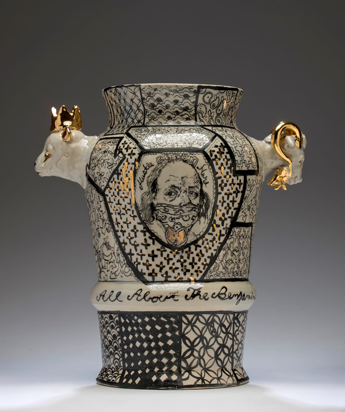 Roberto Lugo, "All about the Benjamins Century Vase" (2016), porcelain, china paint, gold luster (photo by KeneK Photography, courtesy of Wexler Gallery)