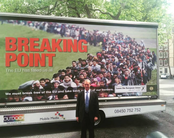 UKIP leader Nigel Farage standing in front of the poster concocted to encourage Britain to leave the EU. (Photo by echood94 via Instagram)