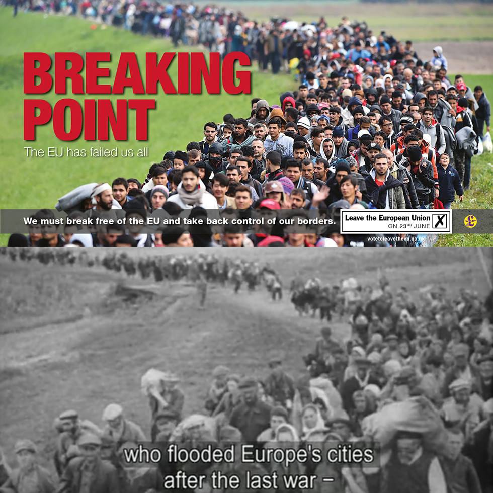 The offensive UKIP billboard compared to a still from the propaganda film produced by the Nazi regime. (illustration by Hyperallergic)