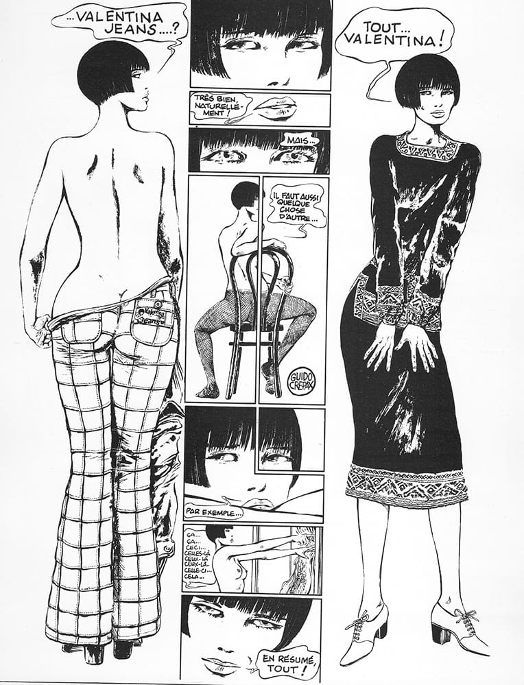 Excerpt from Valentina Jeans, created as advertising poster, first published in Le Portrait Fragmenté, Aedena Editions, Dargaud, Paris, 1986 