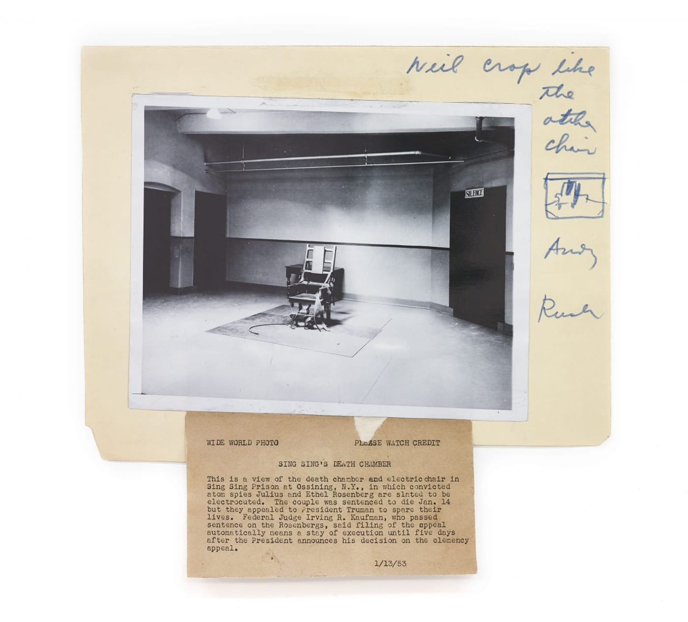 Andy Warhol, "Photograph ('Sing Sing Death Chamber')" (1962–63), facsimile of original gelatin silver print on Manila file folder and ink, 20 5/8 x 11 13/16 in