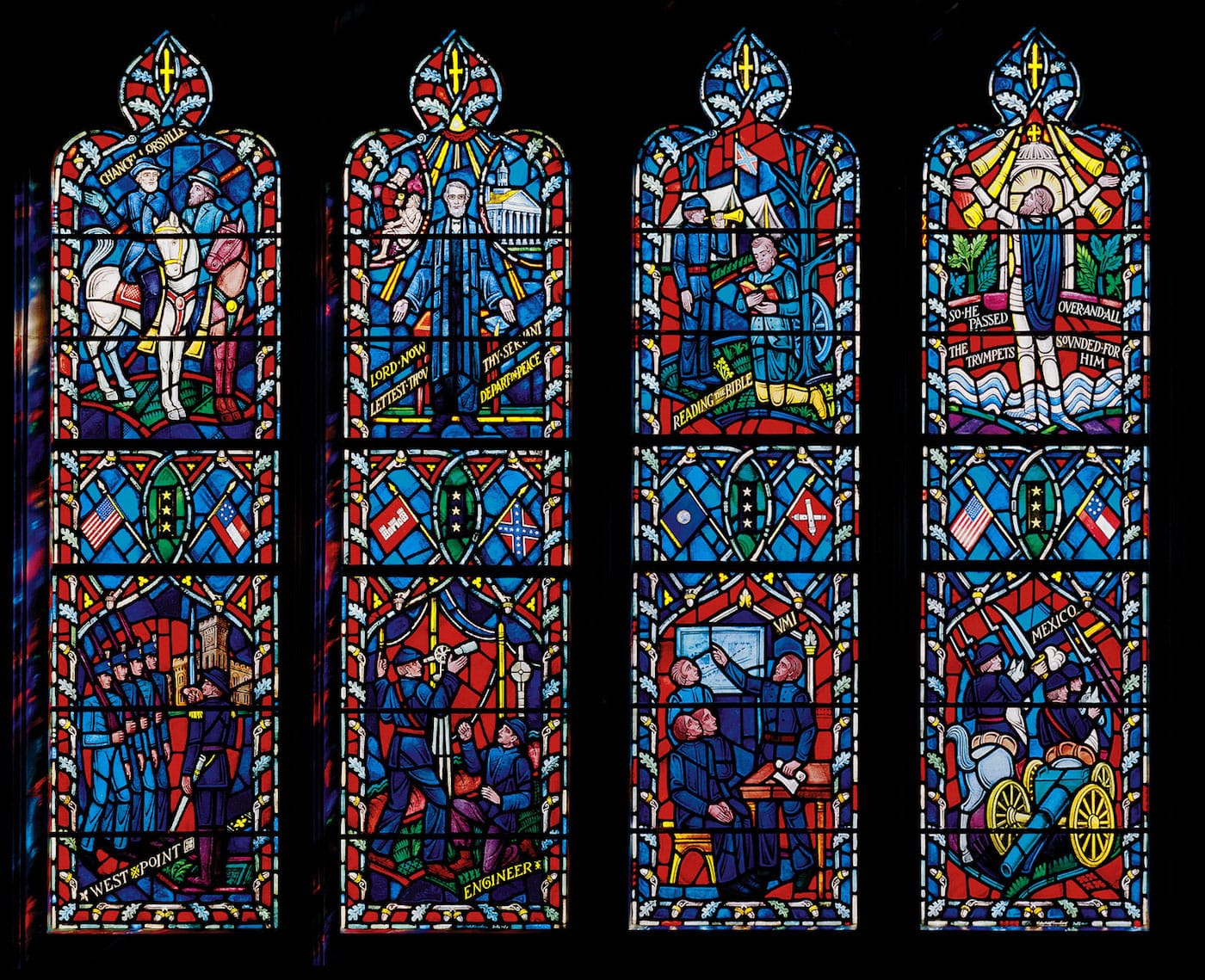 Stained glass windows memorializing Robert E. Lee and Thomas "Stonewall Jackson" (photo courtesy Washington National Cathedral)