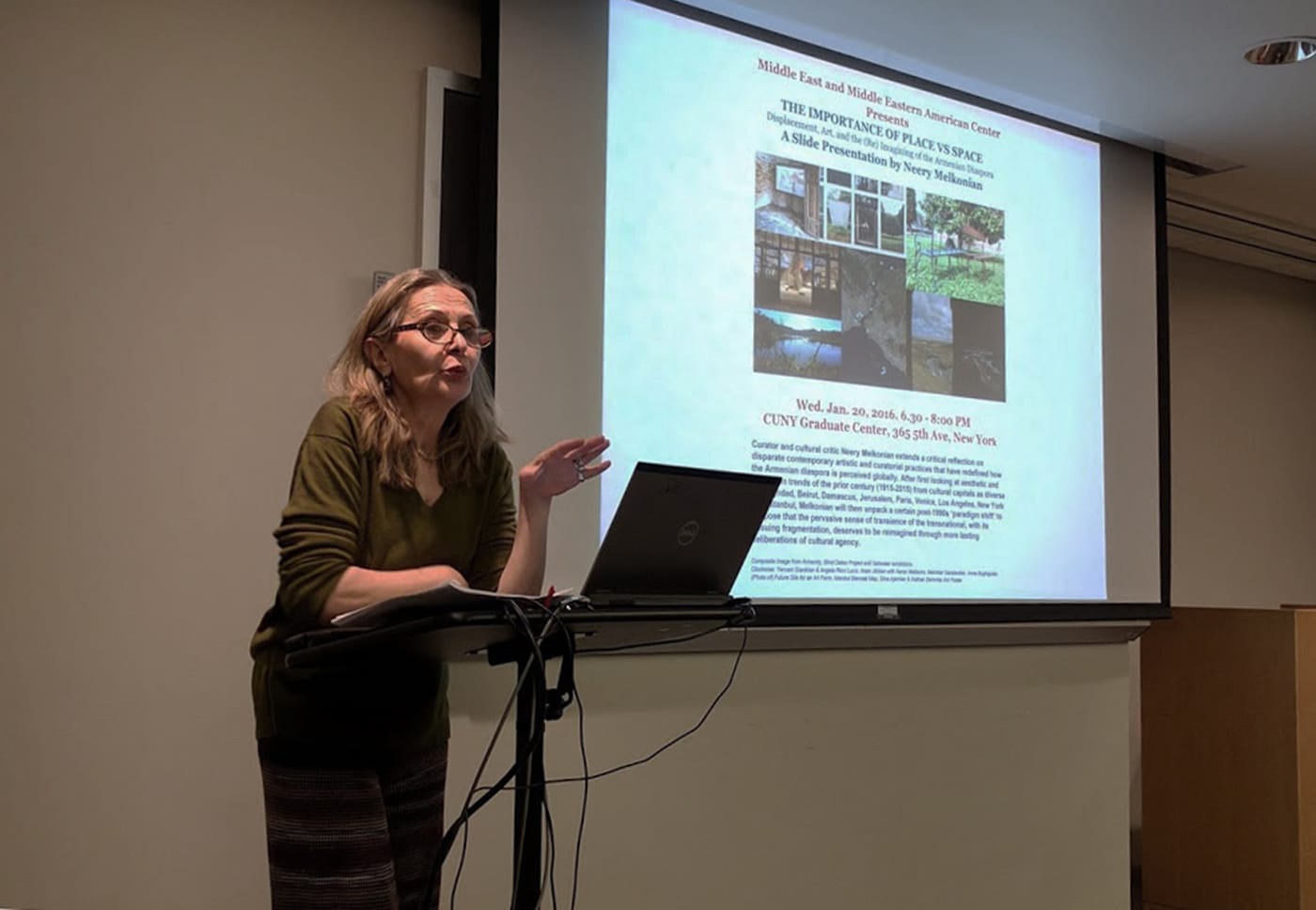 Neery Melkonian delivering an illustrated lecture, "The Importance of Place vs Space Displacement, Art, and the (Re) Imagining of the Armenian Diaspora" at the CUNY Grad Center in January 2016. (photo by Patrick Kajirian)