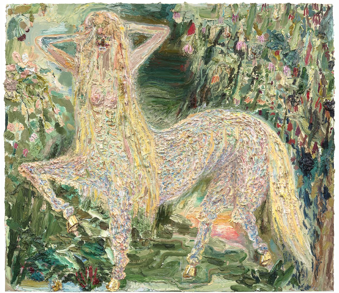 Allison Schulnik, Centaurette In Forest, 2015. Oil on linen. 79 x 90 inches. 