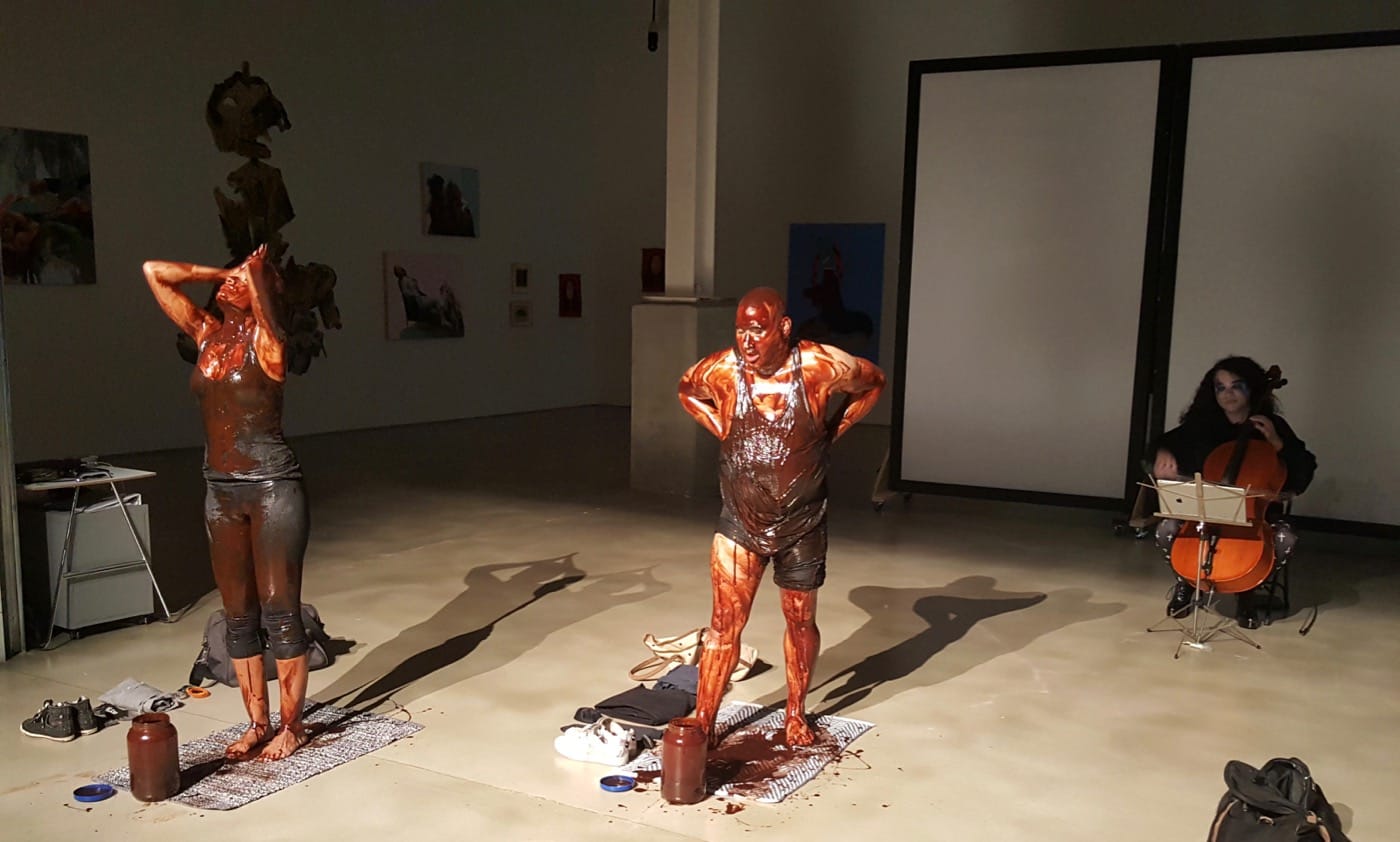 Cruz, Ledesna, and Daniel de Jesus on cello during "How to Order a Chocolate Cake"